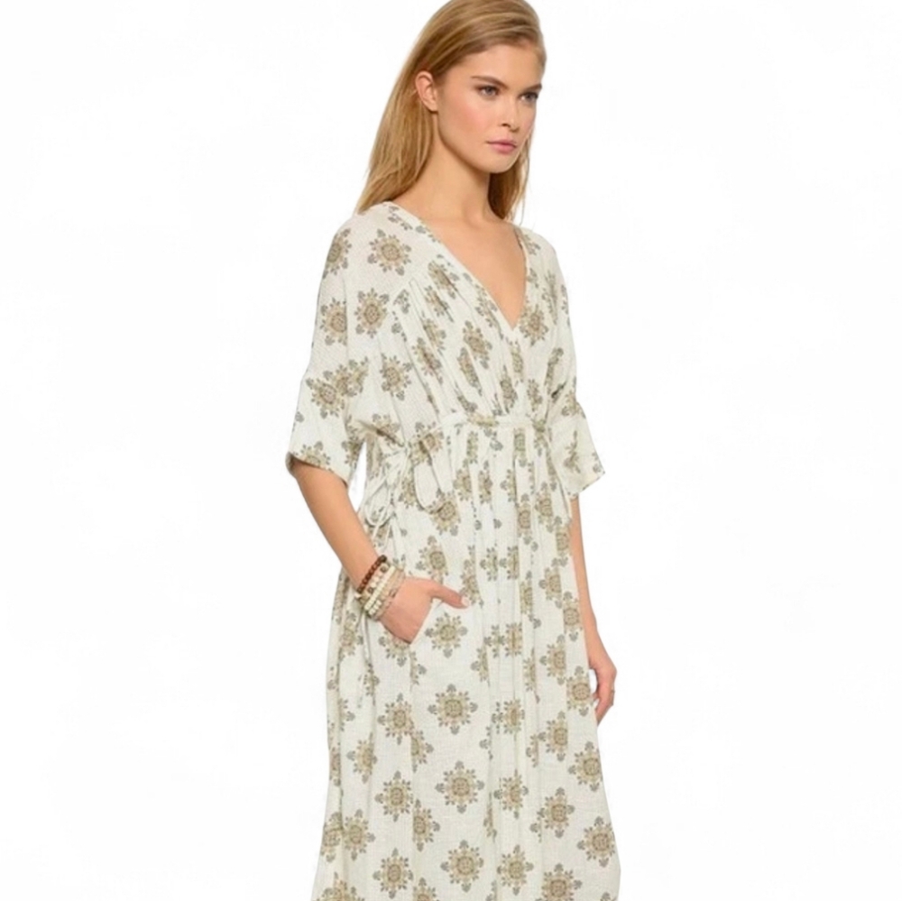 FREE PEOPLE X REVOLVE Oasis Boho Kimono Sleeve Maxi Dress Vanilla Combo - Small - Picture 4 of 12